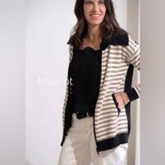 CABI Mascot Zip Front Cardigan Tan White Black Sz S #6448 EUC - Picture 1 of 5
